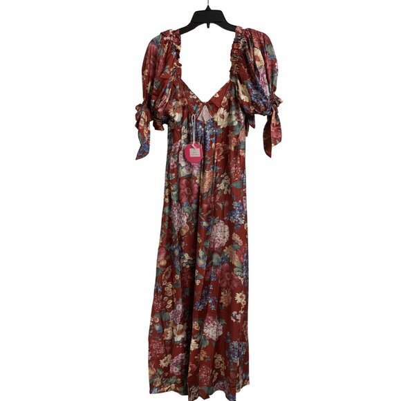 NWT Plus Size Wine Floral Puff Sleeve Baby Doll Maxi Dress XL Feminine Romantic - Picture 5 of 10